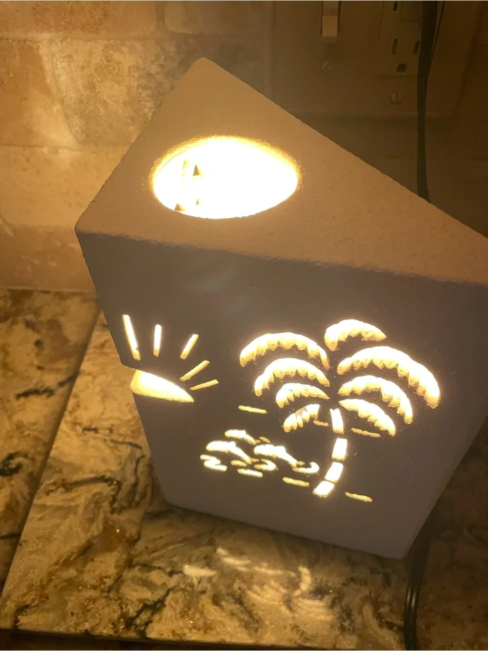 Cream Ceramic Tropical Palm Tree and Dolphin Cutout Wall Decor/Light